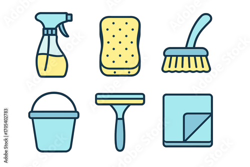 Household cleaning tools and supplies icons