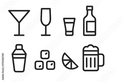 Drink Icons Collection. Outline icon set of club drinks: martini glass, champagne flute, shot glass, bottle, cocktail shaker, ice