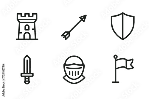 Moat Defense Icons. Outline icon set of moat defense elements: guard tower, archery arrow, cannon, shield, sword, knight helmet,