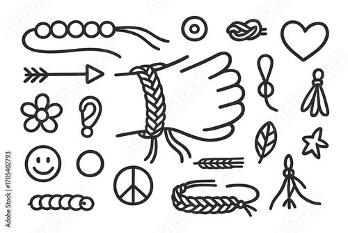 Friendship Bracelet Doodles. Hand-drawn doodle illustration friendship bracelet woven bracelet, beads, knot, heart charm, string,