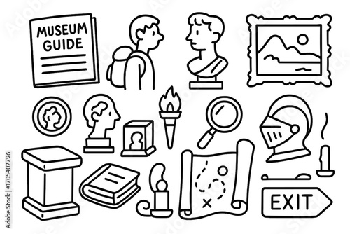 Museum Doodle Icons. Hand-drawn doodle illustration Museum guide and visitors guidebook, visitor with backpack, ancient coin,