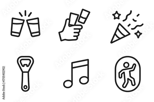 Party Icon Set. Outline icon set of shot glass party: clinking shot glasses, cheers gesture, party hat, confetti, bottle opener,