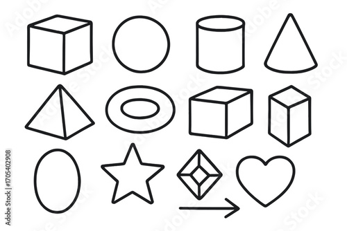 3D Shape Doodles. Hand-drawn doodle illustration 3D shapes cube, sphere, cylinder, cone, pyramid, torus, rectangular prism,