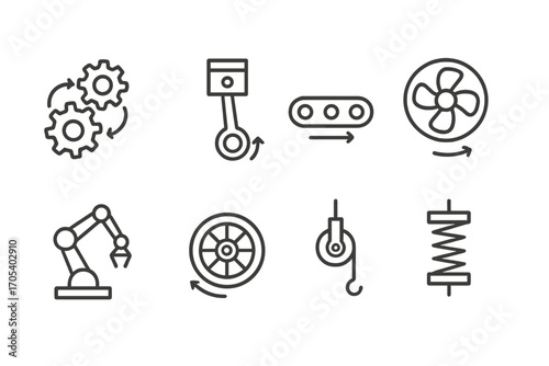 Mechanical Icon Set. Outline icon set of mechanical movement: gears turning, piston motion, conveyor belt, rotating fan, robotic