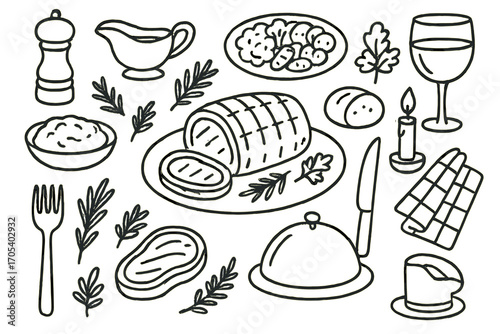 Roast Beef Essentials. Hand-drawn doodle illustration Roast beef meal presentation roast beef slice, plate, fork, knife, gravy