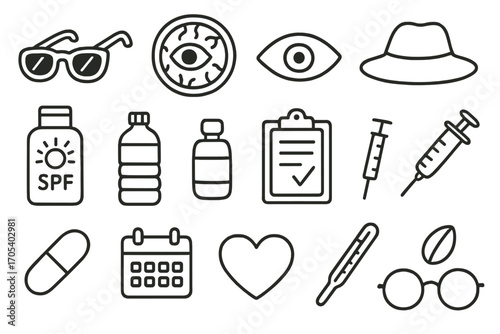 Eye Care Essentials. Hand-drawn doodle illustration retina eye protection sunglasses, retina, eye, hat, sunscreen bottle, water