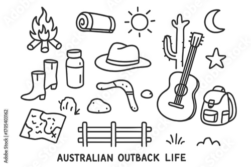 Outback Campfire Doodle. Hand-drawn doodle illustration Australian outback life campfire, swag bedroll, hat, boots, water bottle,