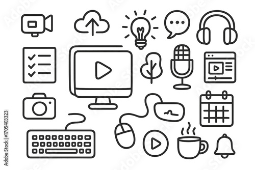 Content Creation Icons. Hand-drawn doodle illustration Streaming and content creation workflow computer monitor, camera,