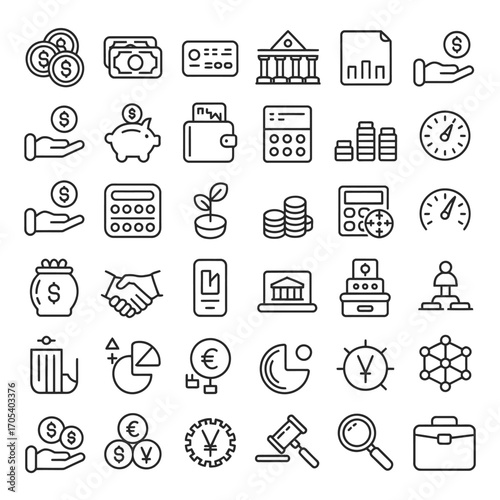 Financial and Business Icon Set Outlined Depicting Banking Investments and Commerce