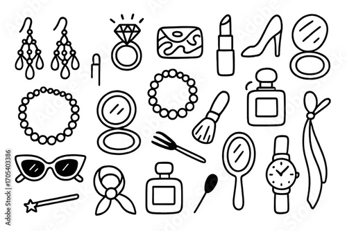 Glam Party Essentials. Hand-drawn doodle illustration glam party accessories chandelier earring, diamond ring, clutch bag,