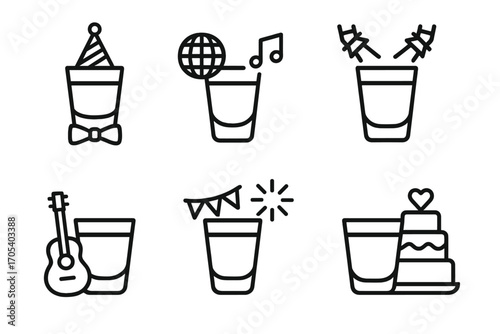 Shot Glass Icon Set. Outline icon set of shot glass events: bachelor party, nightclub, concert, festival, bar crawl, happy hour,