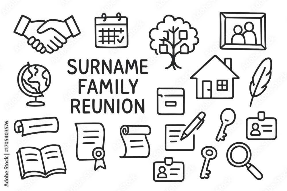 Fototapeta premium Family Reunion Doodles. Hand-drawn doodle illustration surname family reunion handshake, calendar, photo frame, family tree, house