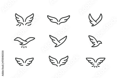 Wing Motion Icons. Outline icon set of wing motion: flapping wings, gliding wings, soaring wings, hovering wings, diving wings,