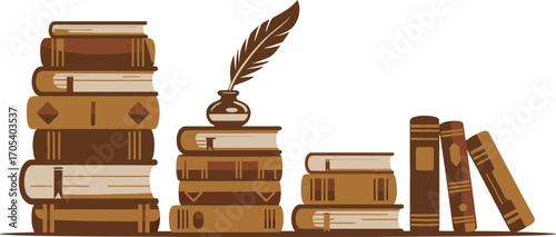 Illustration of stacks of books and a quill with inkwell