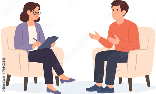 Psychology therapy counseling. Psychologist talking with patient. Man with stress, depression or mental problem.Vector illustration.