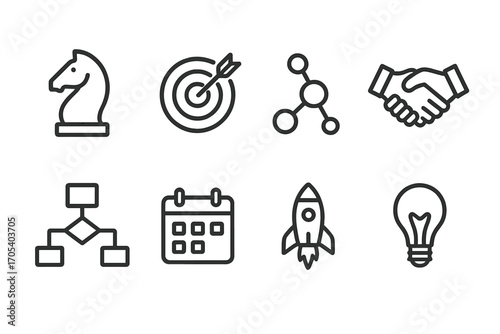 Strategic Icon Set. Outline icon set of strategic coordination: chess piece, target, network nodes, handshake, flowchart, calendar