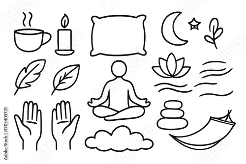 Serene Daily Moments. Hand-drawn doodle illustration Calm moments in daily life tea cup, candle, soft pillow, feather, leaf, moon,