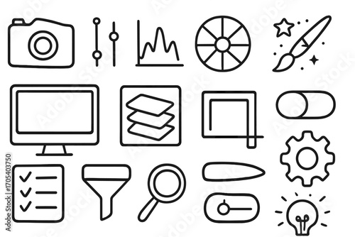 Creative Tool Icons. Hand-drawn doodle illustration photo preset camera, sliders, histogram, color wheel, computer screen, layers