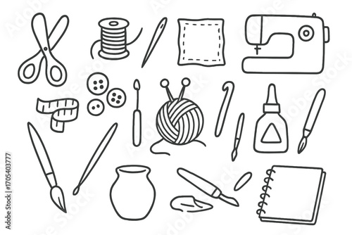 Craft Tools Icons. Hand-drawn doodle illustration handmade scissors, thread spool, needle, fabric, sewing machine, buttons,