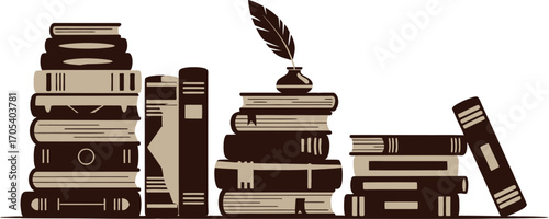 Stacks of books with a quill and inkwell illustration art