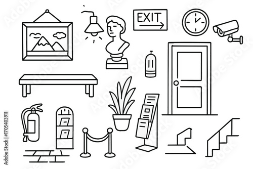 Museum Corridor Doodles. Hand-drawn doodle illustration museum corridor painting, sculpture, spotlight, exit sign, bench, door,