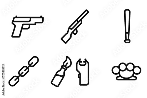 Gang Weapon Icons. Outline icon set of gang weapons: pistol, shotgun, switchblade, baseball bat, chain, molotov cocktail, taser,