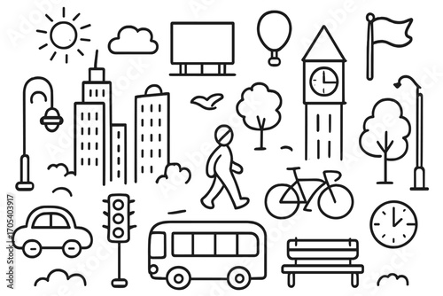 Vibrant City Doodle. Hand-drawn doodle illustration vibrant city life skyscraper, car, traffic light, street lamp, bicycle, bus,