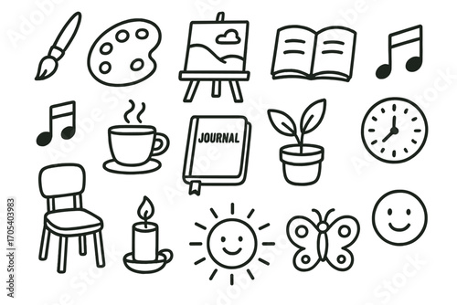 Creative Solitude Objects. Hand-drawn doodle illustration creative solitude paintbrush, palette, canvas, open book, music note,