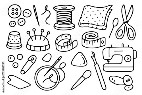 Sewing Supplies Doodle. Hand-drawn doodle illustration Button crafting and sewing supplies buttons, needle, thread spool, fabric,