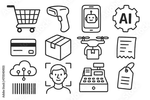 AI in Shopping Doodles. Hand-drawn doodle illustration AI in shopping and retail shopping cart, barcode scanner, smartphone,