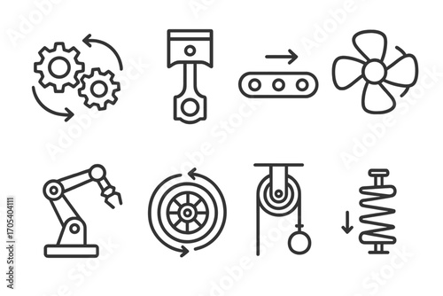 Mechanical Icon Set. Outline icon set of mechanical movement: gears turning, piston motion, conveyor belt, rotating fan, robotic