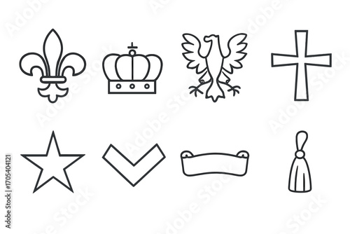 Heraldry Icon Set. Outline icon set of heraldry elements: fleur-de-lis, crown, eagle, cross, star, chevron, scroll, tassel. Line