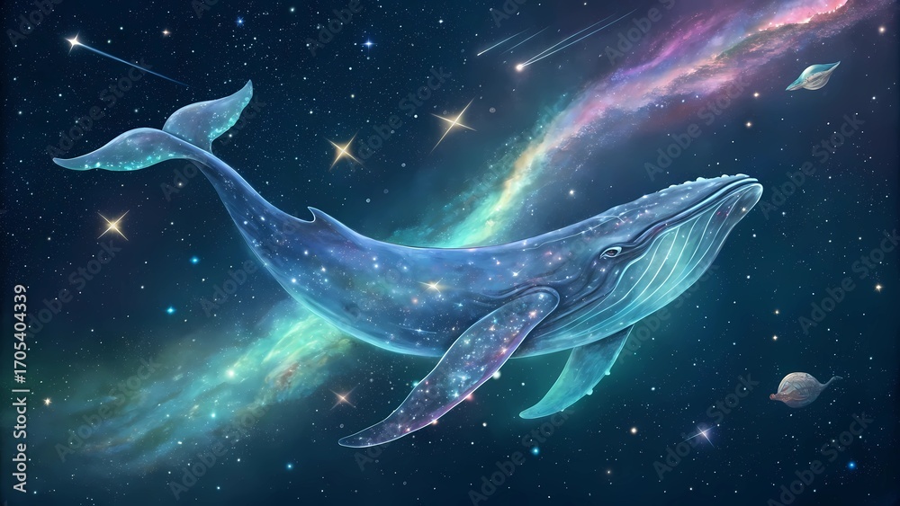 Naklejka premium A celestial whale flying in space