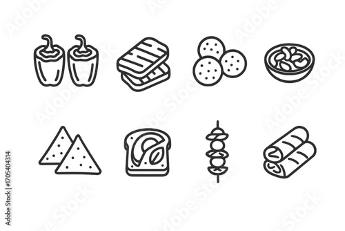 Vegetarian Bar Icon Set. Outline icon set of vegetarian bar food: stuffed peppers, grilled halloumi, falafel balls, roasted nuts,