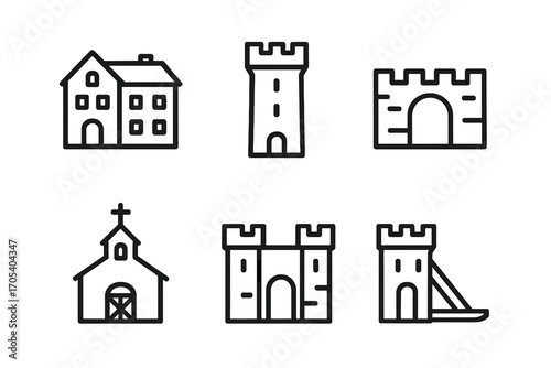 Barony Building Icons. Outline icon set of barony buildings: manor house, watchtower, fortified wall, chapel, stable, gatehouse,