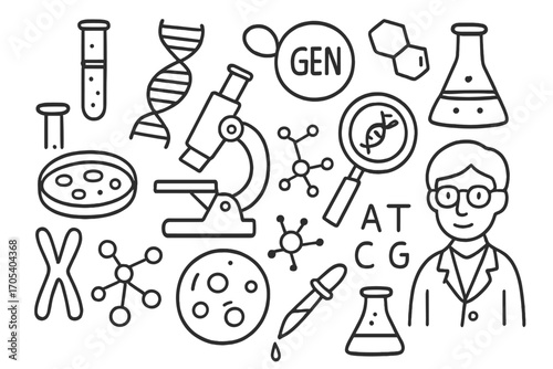 DNA Lab Doodle. Hand-drawn doodle illustration DNA lab experiments test tube, microscope, DNA double helix, gene icon, lab flask,