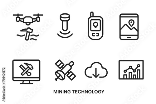 Mining Tech Icons. Outline icon set of mining technology: drone, sensor, GPS device, tablet, computer, satellite, data cloud,