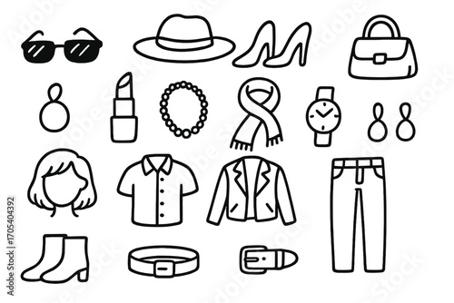 Fashion Accessories Doodle. Hand-drawn doodle illustration style sunglasses, hat, high heels, handbag, lipstick, necklace, scarf,