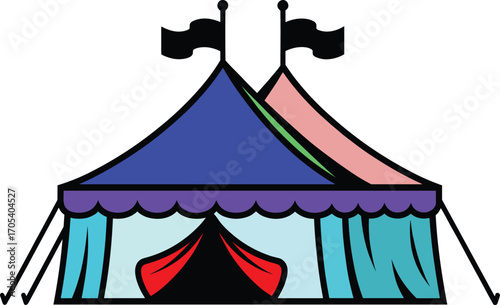 Colorful cartoon circus tent vector illustration with flags, perfect for kids events, carnival fun, party themes, and entertainment design.