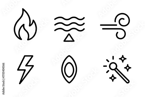 Mythical Elements Icon Set. Outline icon set of mythological elements: fire, water, earth, air, lightning, shadow, light, magic.