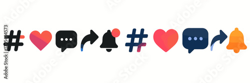Social media engagement icons: like, comment, share, notification symbols