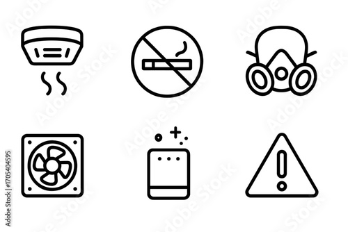 Smoking Safety Icons. Outline icon set of smoking safety: smoke alarm, no smoking sign, fire extinguisher, protective mask,