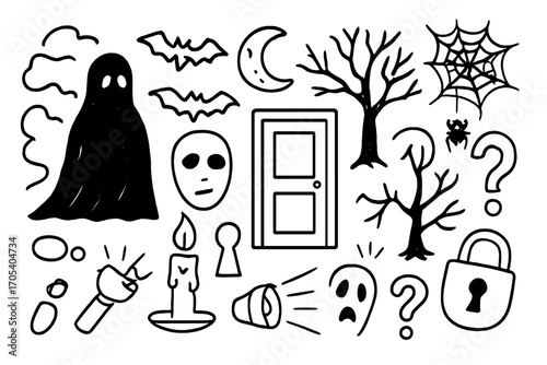 Mystery Elements Doodle. Hand-drawn doodle illustration darkness and mystery shadow figure, fog, candle, mask, keyhole, closed