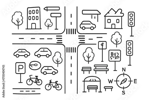 City Doodle Map. Hand-drawn doodle illustration city grid city blocks, streets, intersections, cars, traffic lights, buildings,
