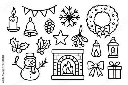 Winter Market Doodles. Hand-drawn doodle illustration Winter market decorations and ambiance string lights, snowflake, candle,