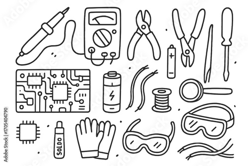Electronic Tools Doodle. Hand-drawn doodle illustration electronic tools soldering iron, multimeter, wire cutters, screwdriver,