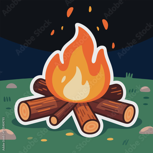 Flat style bonfire illustration with glowing firewood and warm atmosphere, perfect for nature and cozy concepts