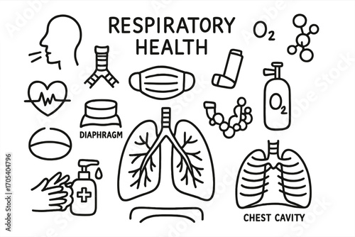 Respiratory Health Illustration. Hand-drawn doodle illustration Respiratory health lungs, mask, inhaler, oxygen tank, heartbeat,