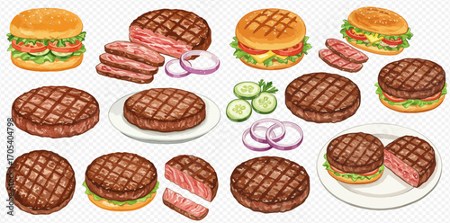 Collection of grilled hamburger patties, burgers, sliced meat, onions, and cucumbers on a transparent background.