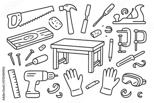 Carpentry Tools Doodle. Hand-drawn doodle illustration wood artisan saw, hammer, chisel, plane, wood plank, nails, screwdriver,
